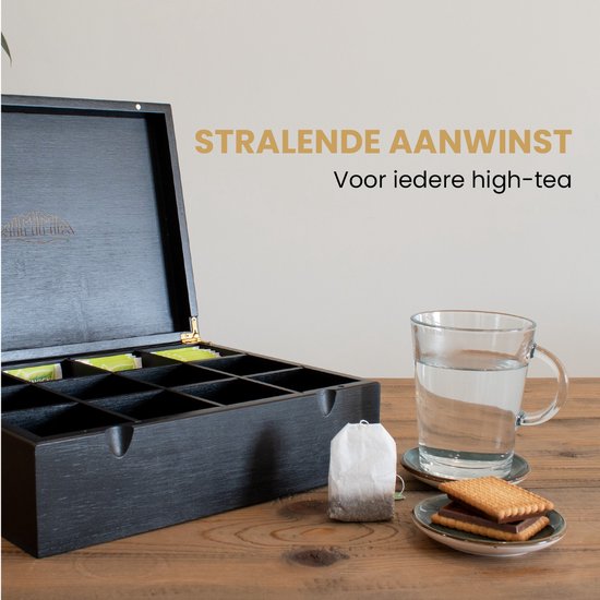 Nimma Theedoos - 12 Vaks - Theedoos Zwart - Magneetsluiting - Thee Doos - Theedoos Losse Thee - Zwart