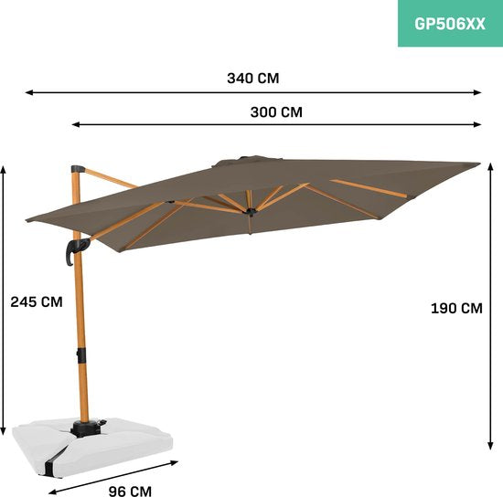 VONROC Premium Zweefparasol Pisogne 300x300cm – Incl. kruisvoet & beschermhoes – Vierkante parasol – 360 ° Draaibaar - Kantelbaar – UV werend doek – Houtlook - Zwart