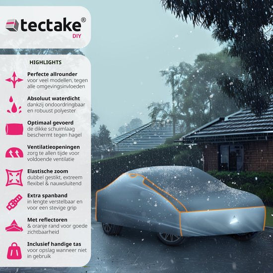 tectake® Autohoes - Autozeil - Hagelbescherming - Waterdicht deken - Ademend - Elastische autogarage - Autoaccessoires met opbergtas - Compatibel met vele modellen - Afmeting (LxBxH) 406x165x120 cm - Small