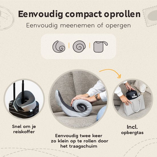 TRAVARA Nekkussen - Reiskussen - Voor Vliegtuig - Auto - Traagschuim - Memory Foam - Met Oordoppen - Grijs