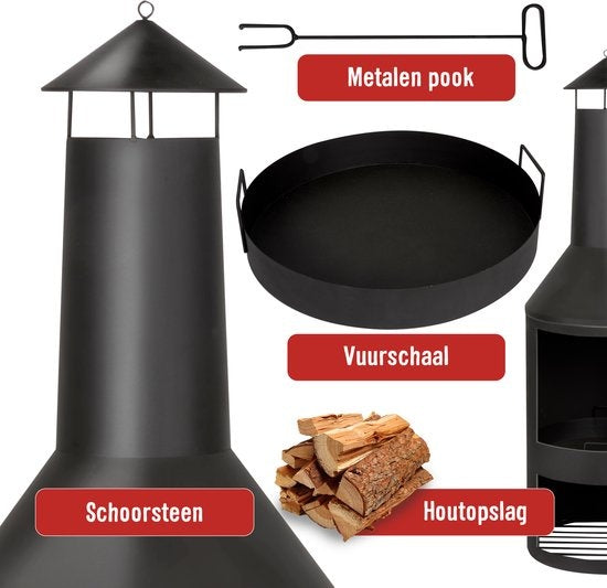 BBQ Collection Buitenhaard met Schoorsteen - Tuinhaard 134 x 44,5 x 44,5 cm - Terrashaard voor Brandhout - Terraskachel met As-Opvangbak, Pook en Houtopslag - Tuin en Terras - Carbon Staal