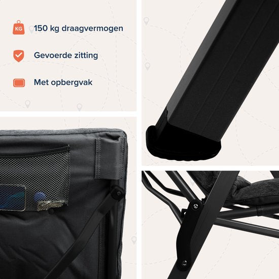 TRVLMORE Campingstoel - Inclusief Draagtas - Comfortabele Vouwstoel - 150 kg draagvermogen - Kampeerstoel - Opbergvak - Klapstoel - Zwart