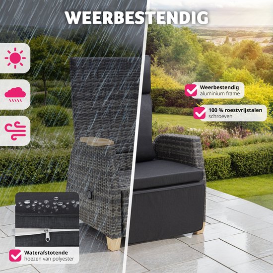 tectake Lounge Tuinstoel – Verstelbare Rug- & Voetsteun – 128 x 68,5 x 104 cm – Grijs