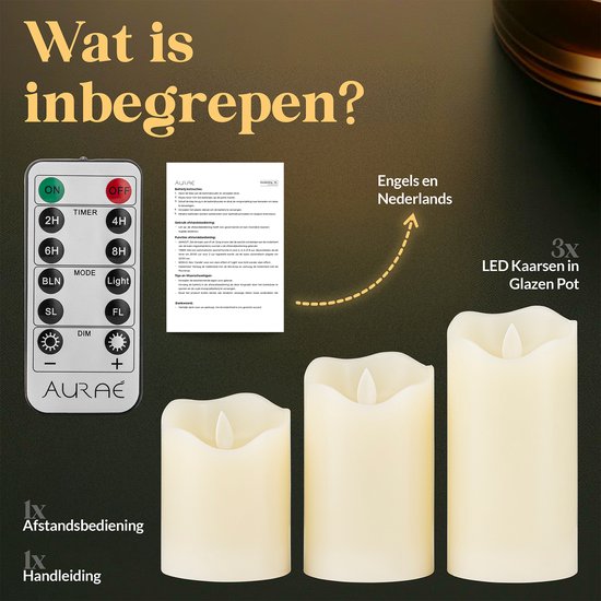 Aurae Led Kaarsen met Bewegende Vlam op Batterijen 3 stuks