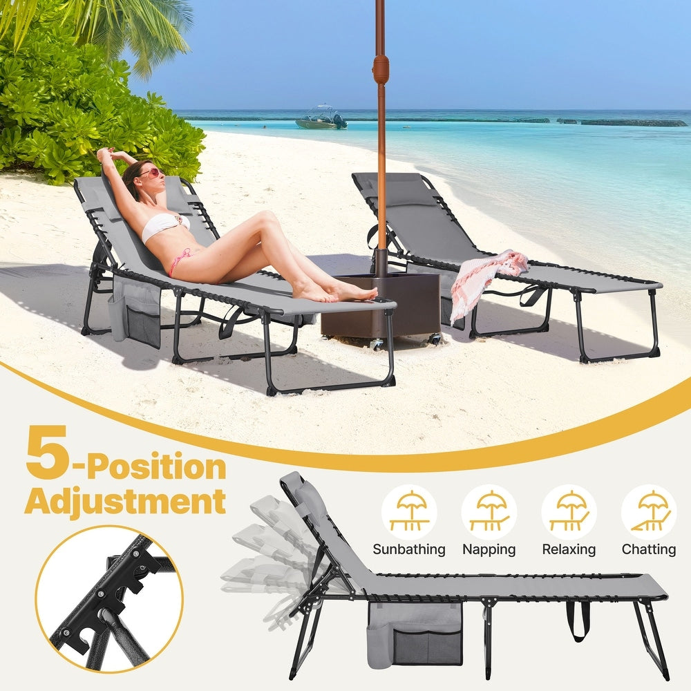 Yaheetech Ligbed 165-189 x 57 cm - 5 Standen - Opvouwbaar - Texteline - Grijs/Beige