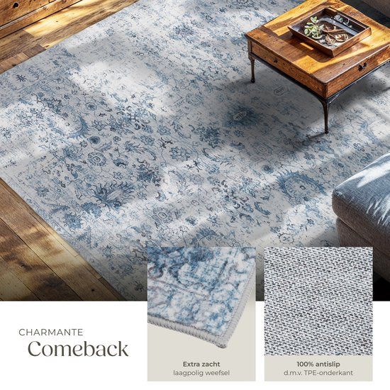tectake® Vintage design tapijt - laagpolig vloerkleed - Boho vloerkleed - Voor woonkamer, slaapkamer, kinderkamer of tienerkamer - Wasbaar - 240cm x 340cm - blauw