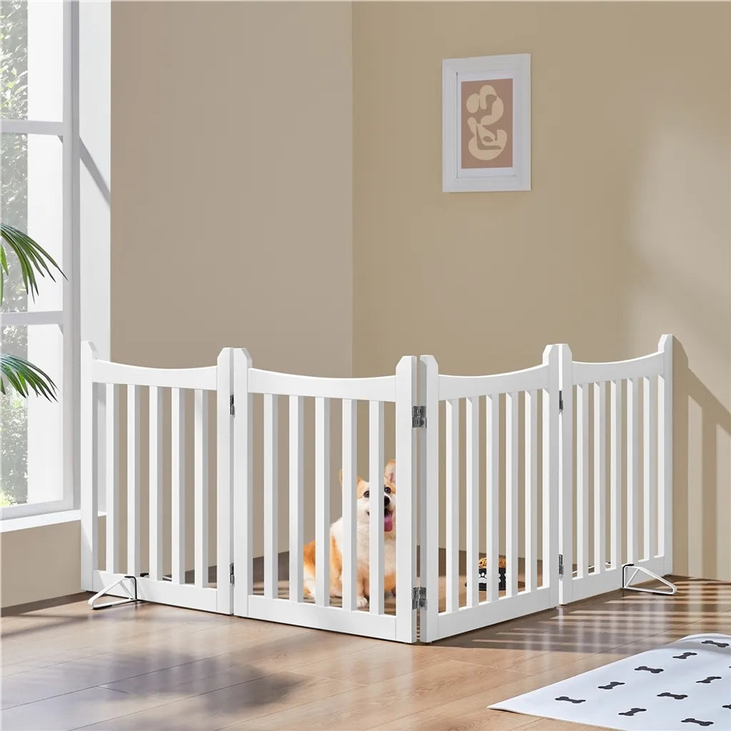 Yaheetech Hondenhek Opvouwbaar 204,5 x 60,5 cm - Wit - Houten Veiligheidshek met 4 Panelen