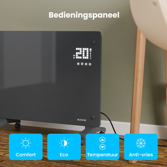 Auronic Elektrische Kachel – Convectorkachel met Thermostaat en Afstandsbediening - Glazen Paneelverwarming - 1500W Heater - Grijs