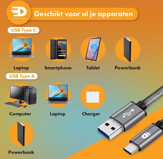 Drivv. USB naar USB C Kabel - Snellader - USB C Data en Oplaadkabel - Kort - 1 Meter - Geschikt voor Samsung, iPhone 15 & Meer - Space Grey