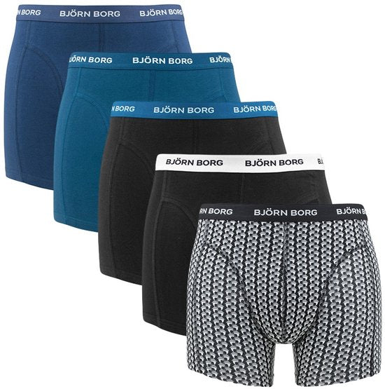 Björn Borg Katoenen Stretch Boxershort Heren - Zwart/Print/Blauw - 5 stuks - Heren onderbroeken - Boxer - Maat M