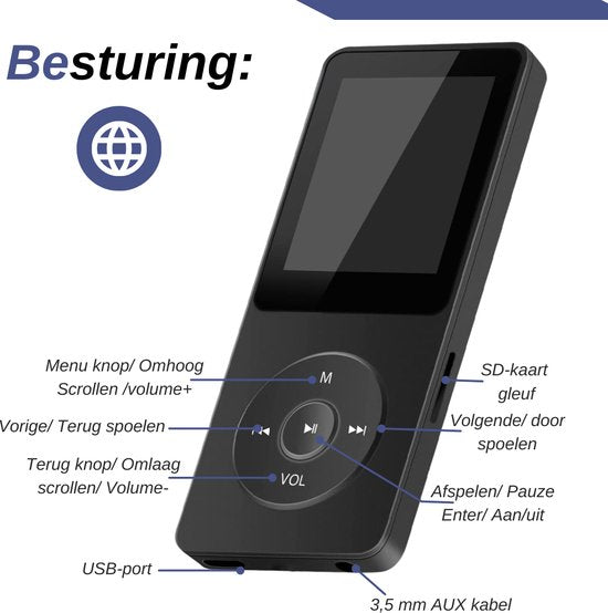 VAIVE HiFi MP3 / MP4 Speler Bluetooth - Voicerecorder - Dicatafoon - FM-radio