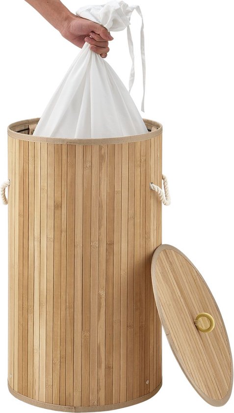 Bamboe Wasmand Curly - 55 Liter - Natuurkleur - Incl. Waszak & Deksel