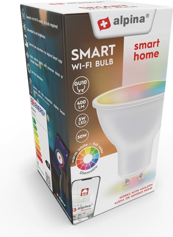 alpina Smart Home RGB Lamp - GU10 - 5W - WW + RGB - Slimme verlichting - LED - App Besturing - Spraakbediening - Amazon Alexa - Google Home