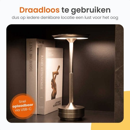 Goliving Tafellamp Oplaadbaar – Draadloos en dimbaar – Moderne touch lamp – Nachtlamp Slaapkamer – Spatwaterbestendig – 27 cm – Zilver