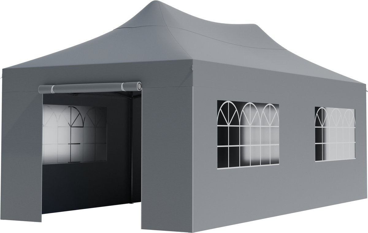 LifeGoods Partytent - Paviljoen - EasyUp - Opvouwbaar - 4 Zijwanden - Waterdicht - Met Draagtas met wieltjes - 300 x 600 cm - Donkergrijs