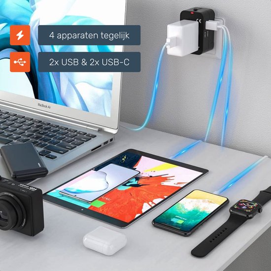 Universele wereldstekker 150+ Landen - Internationale - Verloop - Reis stekker - Adapter - Voor Amerika, Zuid Amerika, Engeland (UK), Azië, Europa, Afrika, Italië, Thailand, Curacao - 2x USB-C en 2x USB-A - Type G, Lichtgewicht - Skoov