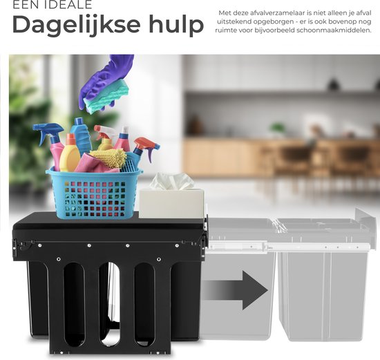 tectake® Afvalverzamelaar - Inbouw vuilnisbak - Meervoudige afvalscheiding - Efficiënte opruimoplossing voor keuken en kantoor - Driedubbele prullenbak met telescooprails - 2x 8L + 1x 15L