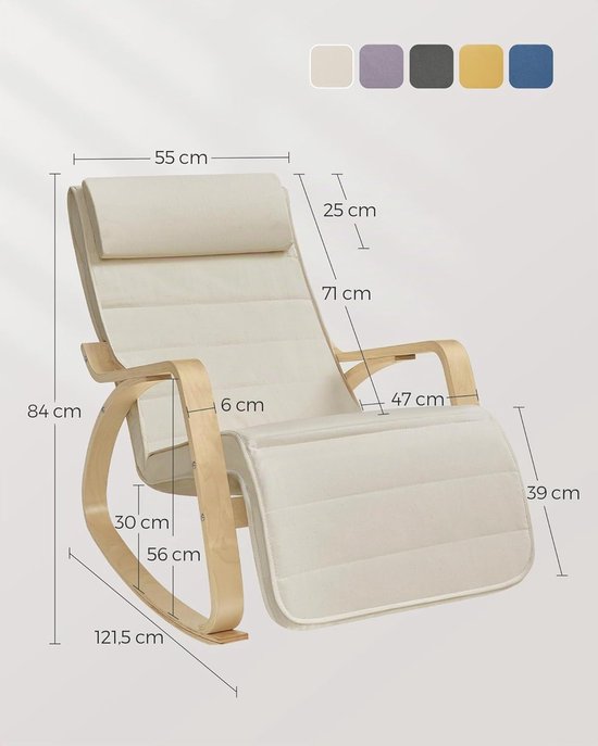 Songmics schommelstoel relaxstoel met 5-voudig verstelbare voetensteun, draagvermogen 150 kg | 5-voudig verstelbare voetensteun voor slaapkamer en woonkamer, beige naturel LYY010WZ01