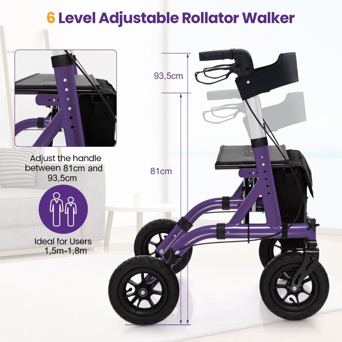 Coast Opvouwbare Rollator met Zitting - 2-in-1 Rolstoel en Loophulp - 6-voudig in hoogte verstelbaar - paars