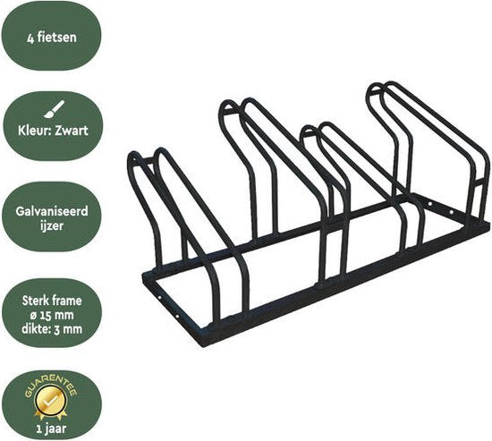 BRASQ Fietsenrek voor 4 Fietsen - Fietsenstandaard - Fietsrek - Fietsbeugel voor Vloer Inclusief bevestigingsmateriaal - Zwart