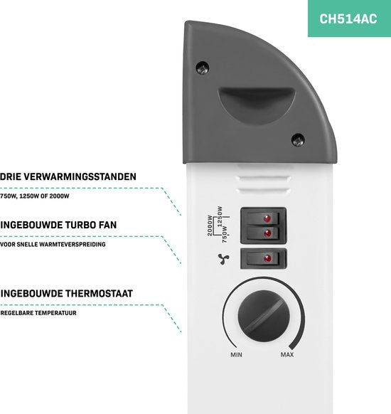 VONROC Elektrische kachel – Convectorkachel met ingebouwde radiator ventilator – 3 standen: 750W/1250W/2000W – Regelbare thermostaat – Verwarmt ruimtes tot 24m2 - Extra stevige behuizing - Wit