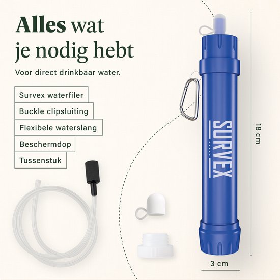 SURVEX Personal Water Filter Straw XL 4000L – Uniek KDF-55 filter – Waterfilter Survival & Outdoor – BPA-vrij – Noodpakket voor Thuis – Complete Set Waterzuiveringsapparaat – Drinkfles Waterzuivering Outdoor – Overlevingspakket – Blauw