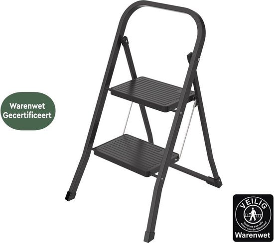 BRASQ Huishoudtrap 2-treden zwart - keukentrap inklapbaar metaal voor particulier en professioneel gebruik - Trapladder - Antislip