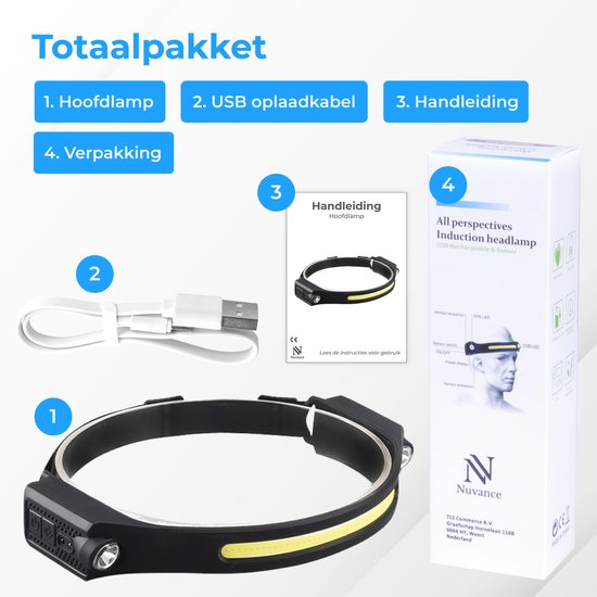 Nuvance - Hoofdlamp Led Oplaadbaar - Hoofdlampje - Usb Oplaadbaar - Breedstraler 230° met Bewegingssensor Koplamp - 350 Lumen - Verstelbaar