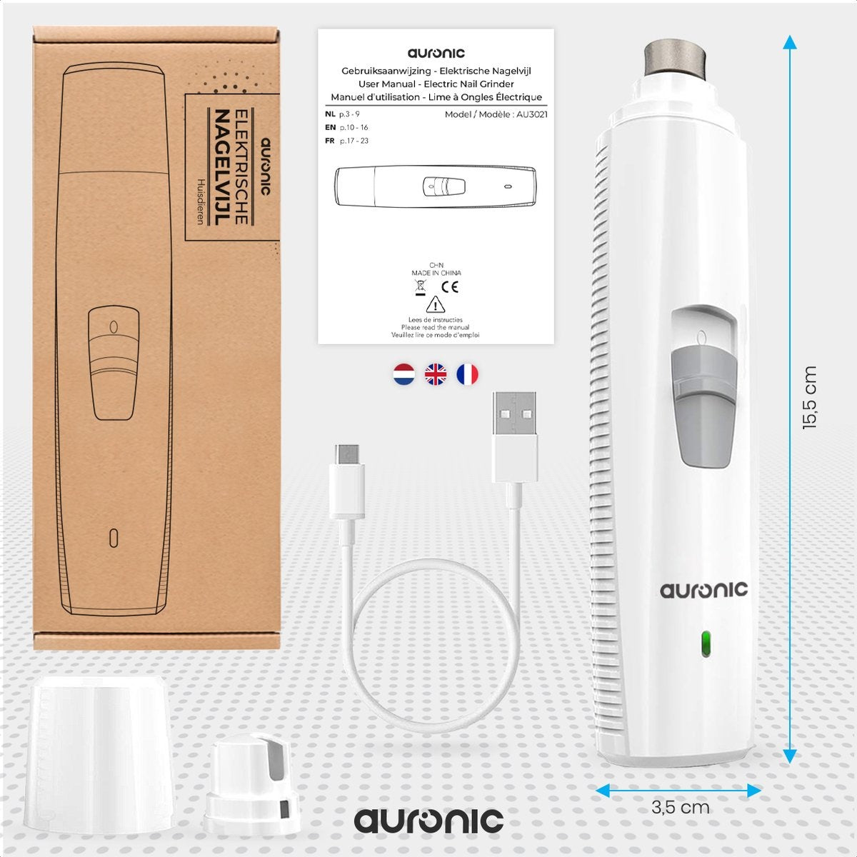 Auronic Elektrische Nagelvijl - voor Dieren - Oplaadbaar - Draadloos - Diamant Vijlkop - Hond/Katten - Wit