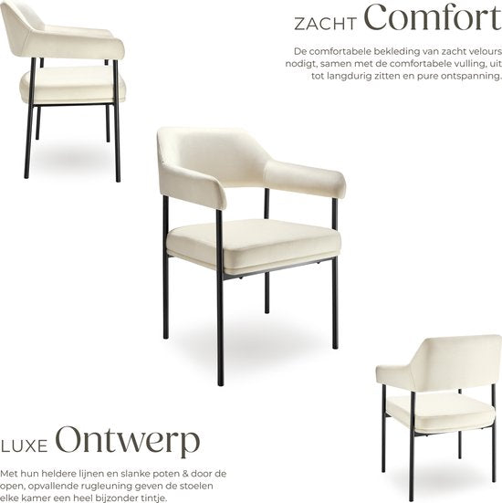 tectake® Eetkamerstoel met armleuning - Fluweelzachte stof - Gestoffeerd met stalen poten - set - div kleuren - Set van 2 stoelen - Offwhite met zwarte poten
