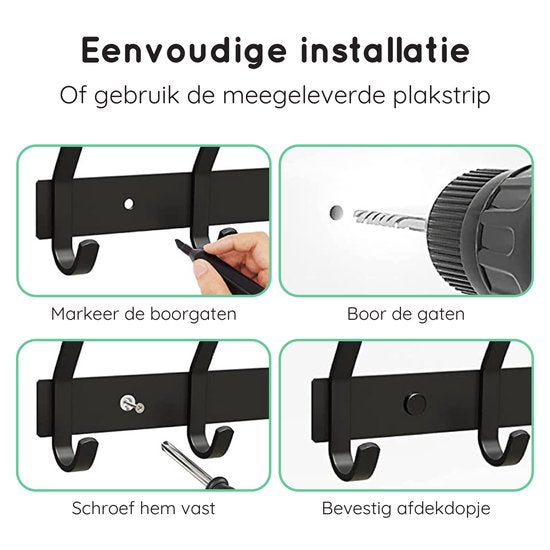 Volcan Wandkapstok - 12 Haken - RVS - Muur Kapstok Hangend - Industrieel - 3M Tape - Zwart