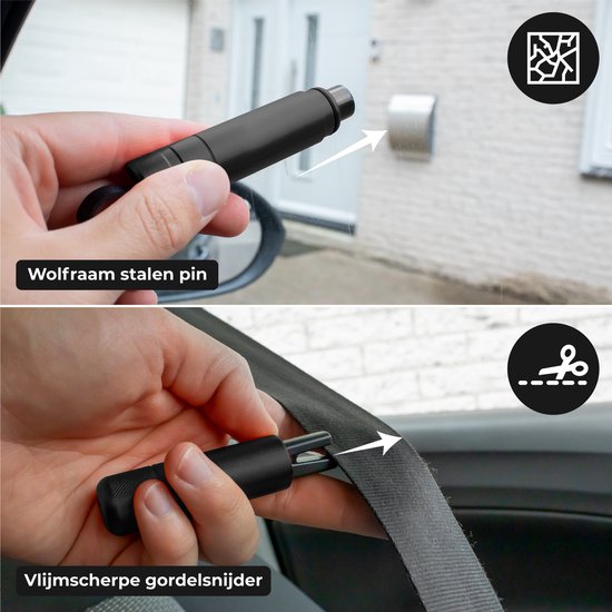 Nuvance Veiligheidshamer - Noodhamer - Incl. Zelfklevende Houder en Testglas - Gordelsnijder - Auto Hamer - Veilig Onderweg - Zwart
