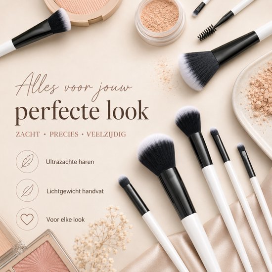 Vaive Make Up Borstels Set 15-Delig - Vegan Kwasten - Foundation, Oogschaduw, Blush, Kabuki & Bronzer Kwast - met Etui - Wit