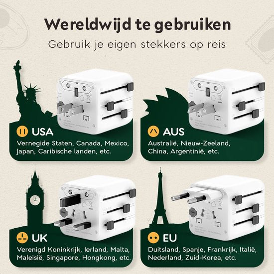 TRAVARA Reisstekker - 2500W – Wereldstekker Universeel - 170+ Landen – Reisstekker Engeland Amerika, Afrika, Italië, Japan – Wereldstekkers