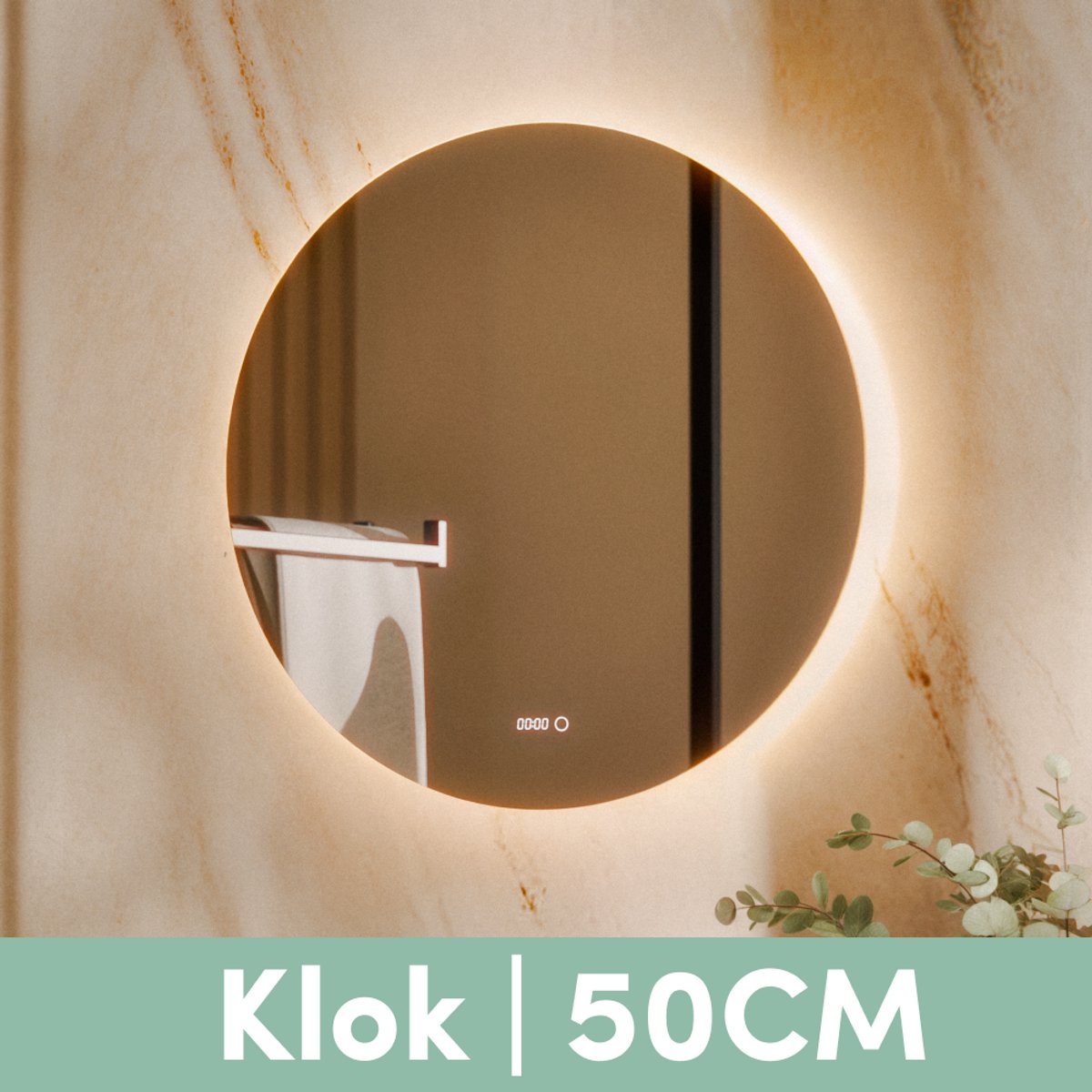 Beloura Badkamerspiegel met Verlichting - Ronde Badkamer Spiegel - Verwarming - Klok - LED - 50 cm