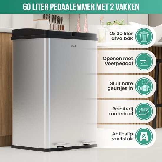 Avalo Prullenbak Afvalscheiding 60 Liter - RVS Zilver - 2 Vakken - Milieubewust, Hygienisch & Vingerafdrukvrij - Pedaalemmer / Vuilnisbak