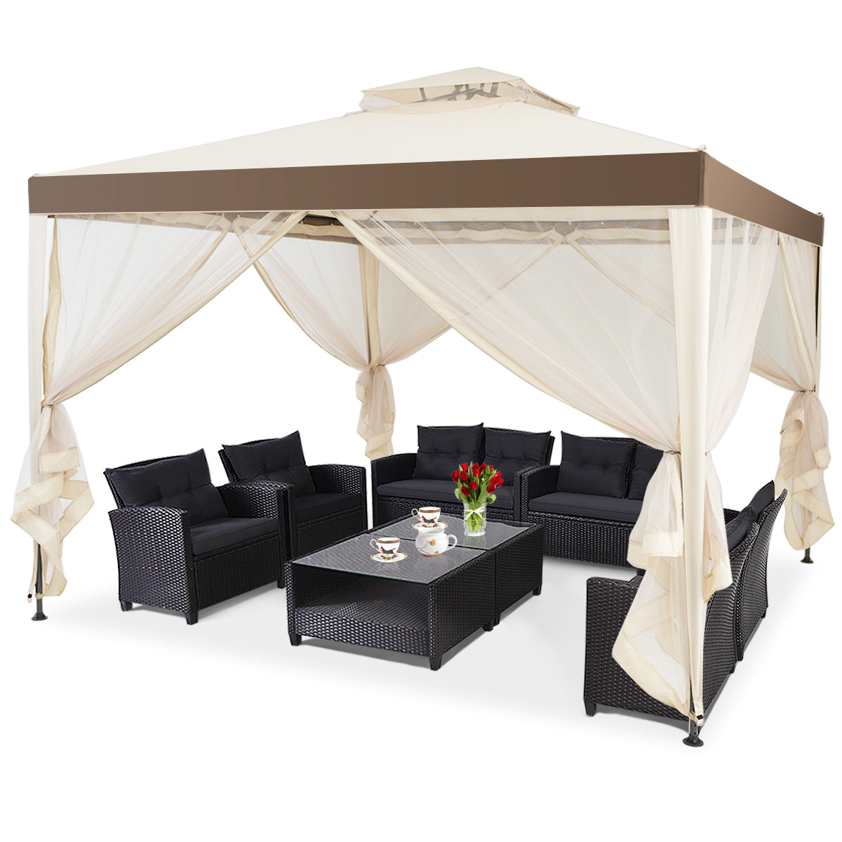 Tuinpaviljoen met 4 zijwanden - Incl. 8 Metalen Haringen en Scheerlijnen -300 x 300 x 265 cm - Beige
