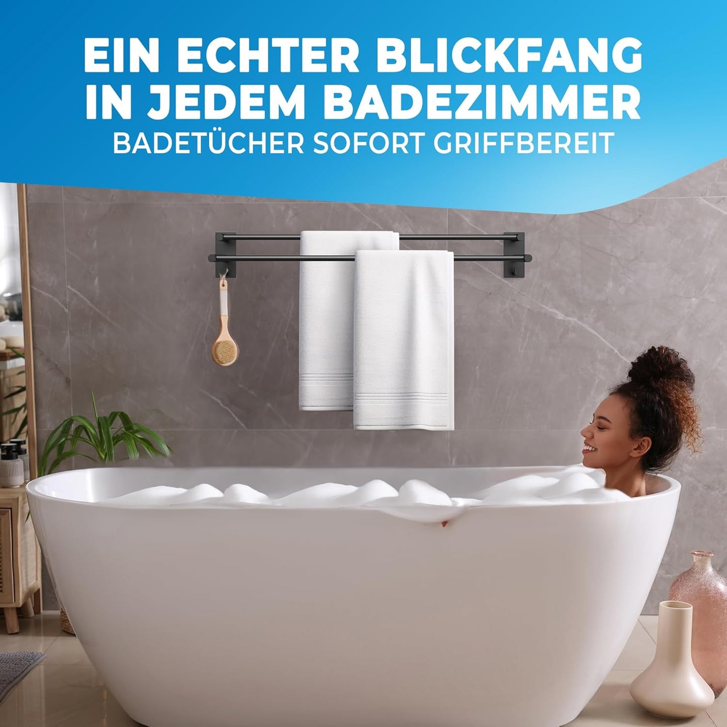 LOBUX® - Handdoekstang zonder boren zwart - 60cm, roestvrij staal - Handdoekstang badkamer dubbel, zelfklevend - Handdoekstang, handdoekstang met 2 handdoekhaken - Badkamer, douchewand, keuken