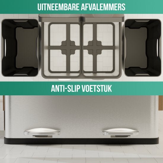 Avalo Prullenbak Afvalscheiding 60 Liter - RVS Zilver - 2 Vakken - Milieubewust, Hygienisch & Vingerafdrukvrij - Pedaalemmer / Vuilnisbak