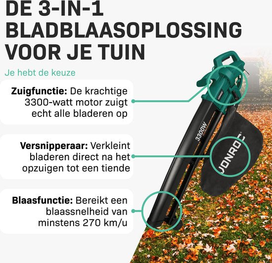 VONROC Bladblazer – Zuigen & Versnipperen – 3300 W – Incl. 40 liter Opvangzak – Zwart