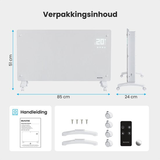 Auronic Elektrische Kachel – Convectorkachel met Thermostaat en Afstandsbediening - Paneelverwarming - tot 30 m² - 2500W Heater - Wit