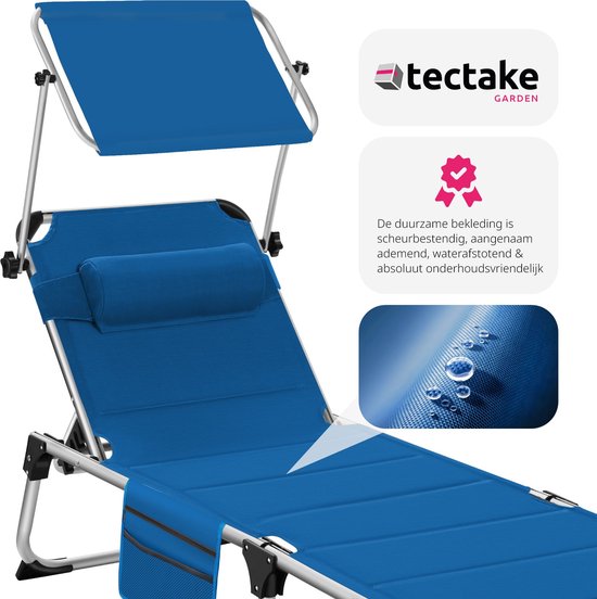 tectake® Ligbed Lorella met zonneluifel - Ligstoel - Zonnebed gestoffeerd - Inklapbaar - Voor in de tuin of op balkon - Met zijvak - Afmetingen (BxDxH) 220 x 60,5 x 34 cm - Blauw