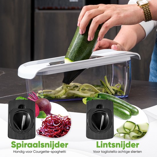 Stosh Mandoline - Groentesnijder - Uiensnijder - Spiraalsnijder - Rasp - 6-delig - Kunststof - BPA vrij - Zwart/Wit