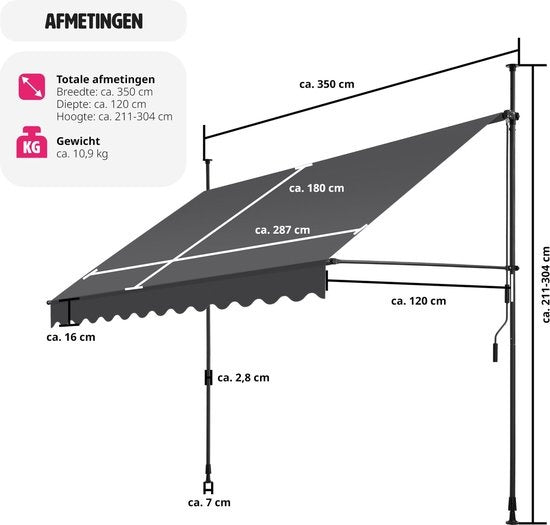 tectake - klemluifel - Zonnescherm – Zonneluifel - Verstelbaar - Klem-zonwering - Zonnescherm Balkon - 350 x 180 cm - zwartgrijs – zonwering - 404968