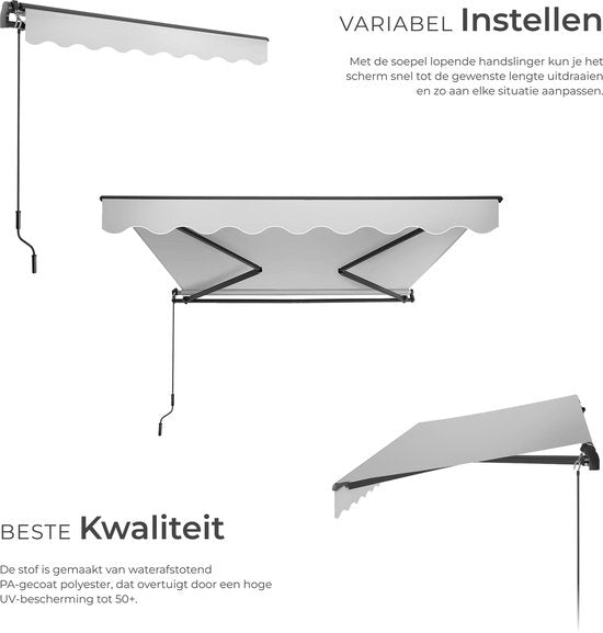 tectake® Zonnescherm met Knikarm - 250 x 200 cm - Zonneluifel - Zonwering voor Raam, Balkon, Buiten - Te Monteren aan Muur - Water- en UV-Bestendig - Lichtgrijs
