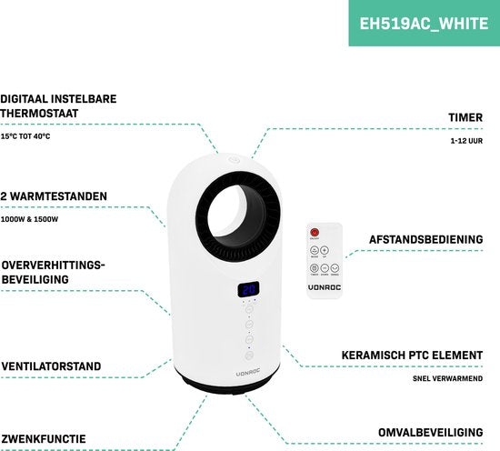 VONROC Elektrische kachel – ventilatorkachel - 1000W/1500W – bladeless - Keramisch - 3 Standen – Incl. afstandsbediening - zwenkfunctie - thermostaat en timer – 15m2 – wit