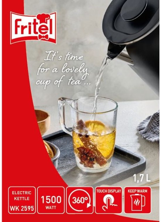 FRITEL Waterkoker WK 2595 - Heetwaterkoker / Theewaterkoker - 1,7 liter - 1500W - Dubbelwandig - Touch Display - Keep-Warm functie - Zwart Mat