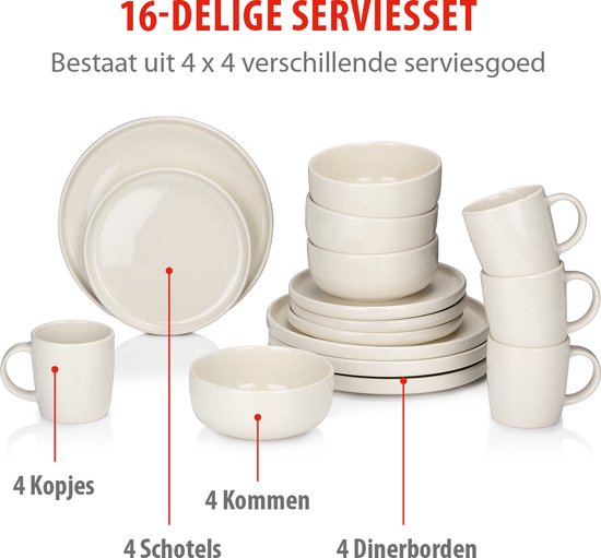 alpina Serviesset 16-Delig - Bordenset 4 Persoons - Aardewerk Servies - Ontbijtborden, Dinerborden, Kommen en Mokken - Magnetron en Vaatwasser Bestendig - Créme