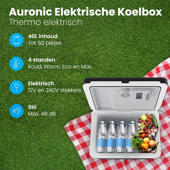 Auronic Koelbox Elektrisch 12V en 230 volt - Coolbox - Auto - Camping Koelkast - Koelen en Verwarmen - 40L - Frigobox - Zwart