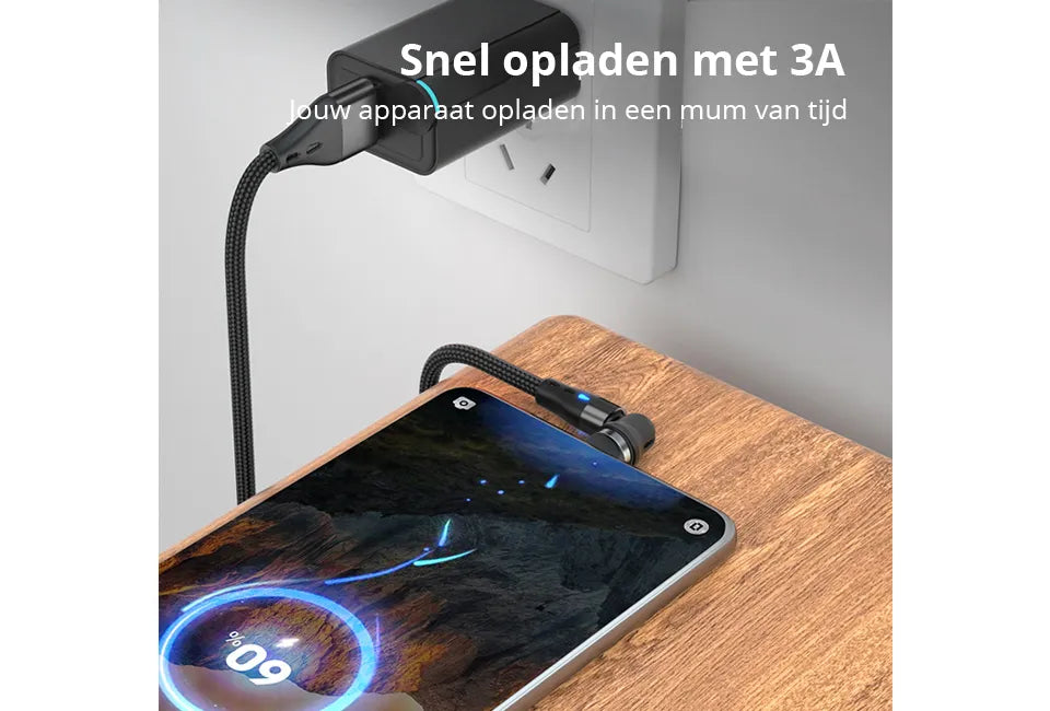 Vlectro Magnetische Oplaadkabel – 540° Roterende Connector – 100 cm – USB-C / iPhone / Micro-USB – LED Indicator – Duurzaam & Universeel